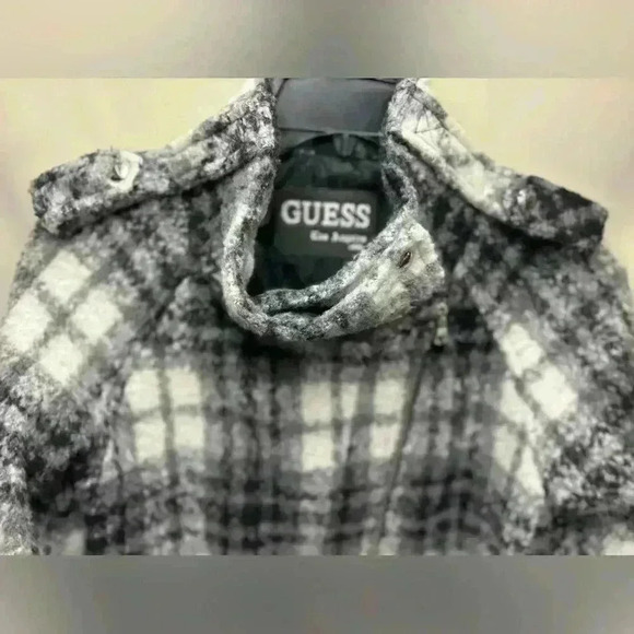 Guess Black & White Plaid 3/4 Wide Sleeve wool blend Moto Jacket Size Medium - Picture 9 of 14